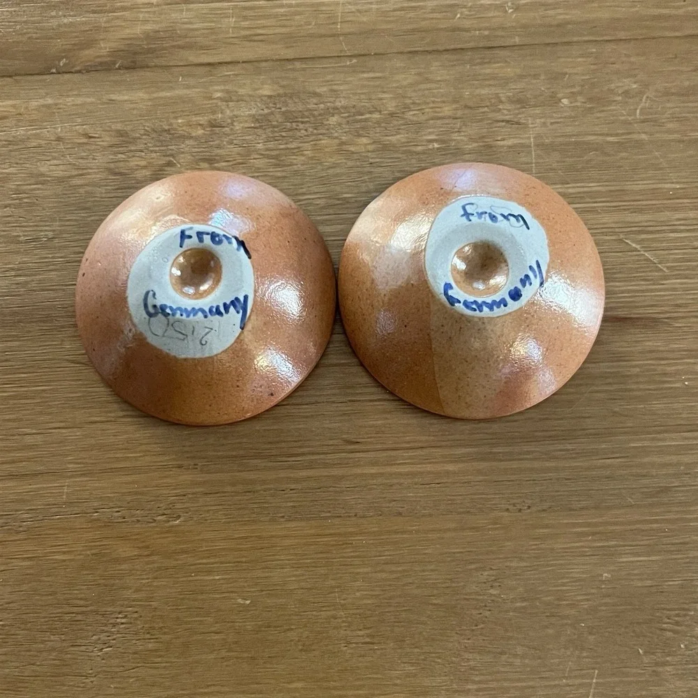 Vintage German Pottery Candle Holders Pair Orange Blue Floral Handmade Decor Set